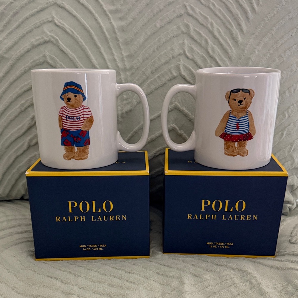 Ralph Lauren White Bear Mug Duo with Red & Blue Outfits - Picture 2 of 3